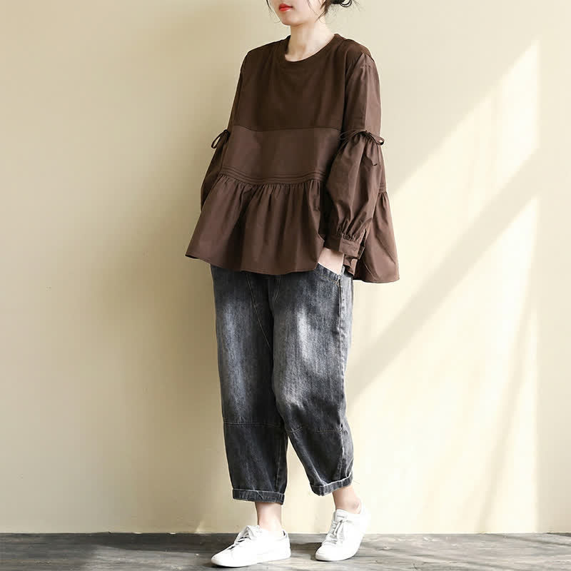 Nimara Ritual Spring Fall Casual Vintage Crew Neck Peplum Hem Drawstring Solid Women's Long Sleeve T-Shirt