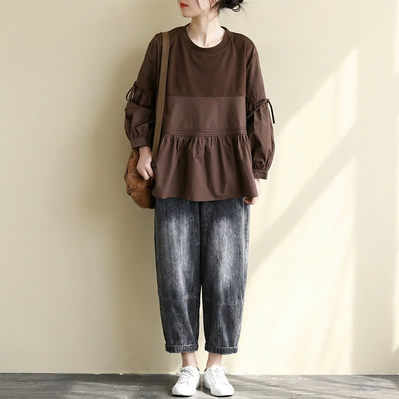 Nimara Ritual Spring Fall Casual Vintage Crew Neck Peplum Hem Drawstring Solid Women's Long Sleeve T-Shirt