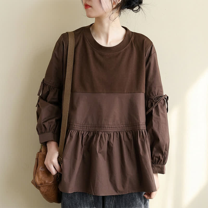 Nimara Ritual Spring Fall Casual Vintage Crew Neck Peplum Hem Drawstring Solid Women's Long Sleeve T-Shirt