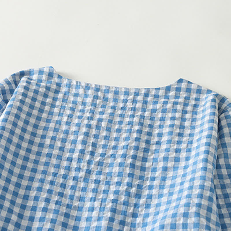 Nimara Ritual Spring Casual Vintage Light Blue Plaid Crew Neck Women's Long Sleeve Dress With Pocket