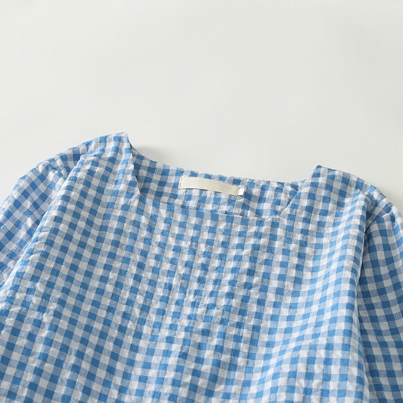 Nimara Ritual Spring Casual Vintage Light Blue Plaid Crew Neck Women's Long Sleeve Dress With Pocket