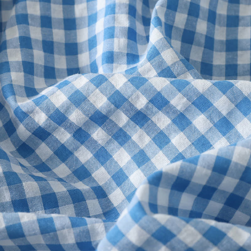 Nimara Ritual Spring Casual Vintage Light Blue Plaid Crew Neck Women's Long Sleeve Dress With Pocket