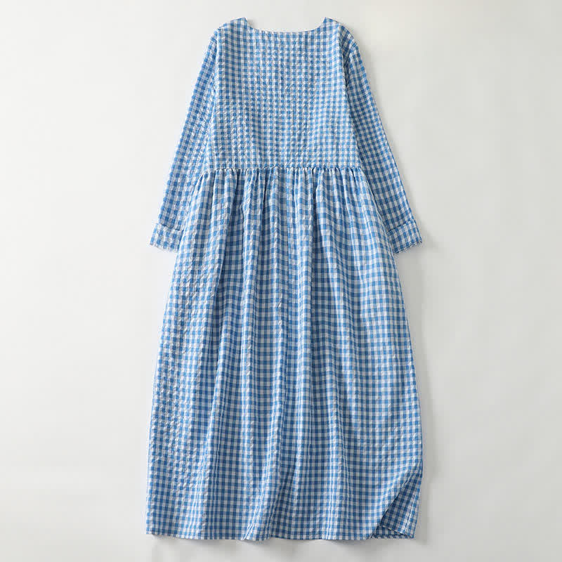 Nimara Ritual Spring Casual Vintage Light Blue Plaid Crew Neck Women's Long Sleeve Dress With Pocket