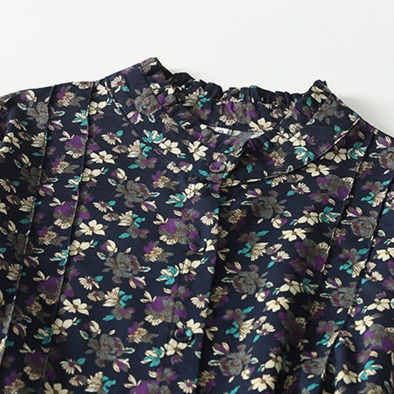 Nimara Ritual Spring Summer Vintage Elegant Button-Up Floral Women's Long Sleeve DressWith Pockets