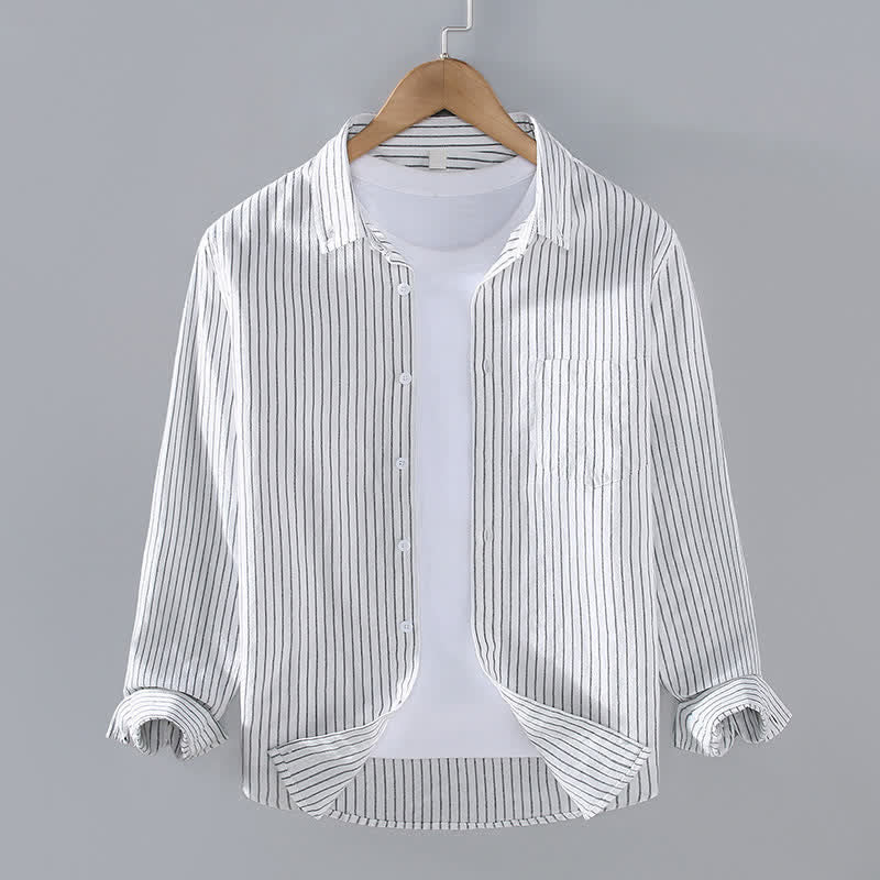 Nimara Ritual Spring Fall Casual Minimalist Button-Up Vertical Striped Men's Long Sleeve Shirts With Patch Pocket