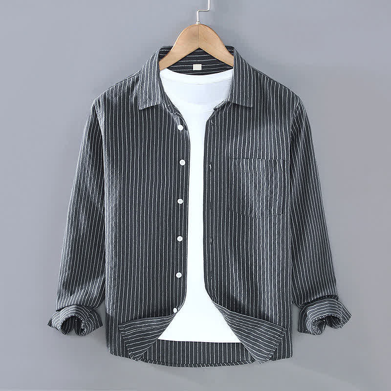 Nimara Ritual Spring Fall Casual Minimalist Button-Up Vertical Striped Men's Long Sleeve Shirts With Patch Pocket