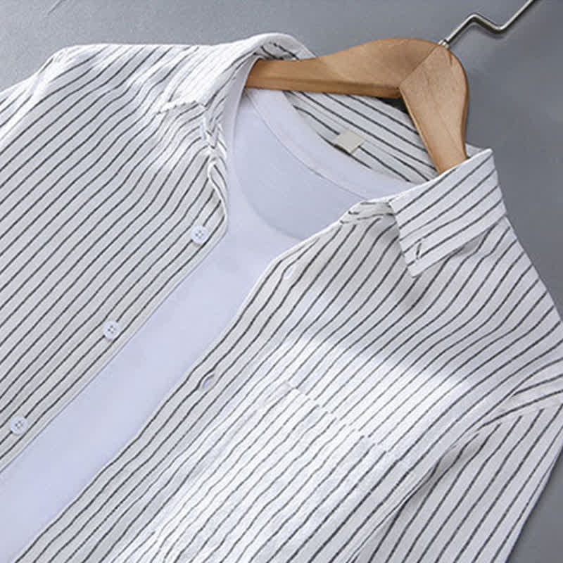 Nimara Ritual Spring Fall Casual Minimalist Button-Up Vertical Striped Men's Long Sleeve Shirts With Patch Pocket