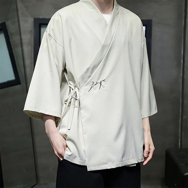 Nimara Ritual Summer Tang Style Minimalist Drawstring Bamboo Solid Three-Quarter Sleeve Men's Kimono