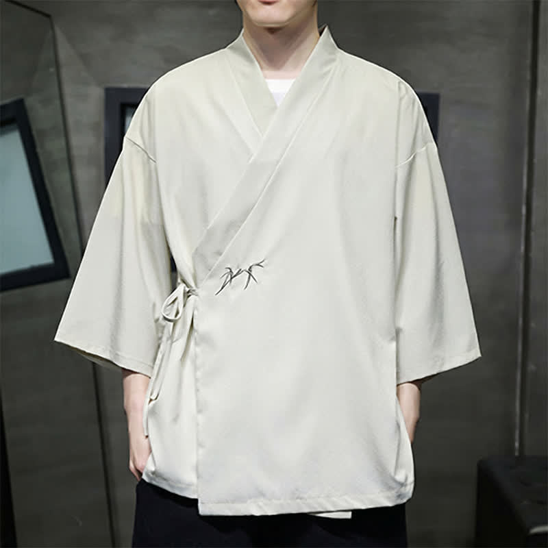 Nimara Ritual Summer Tang Style Minimalist Drawstring Bamboo Solid Three-Quarter Sleeve Men's Kimono