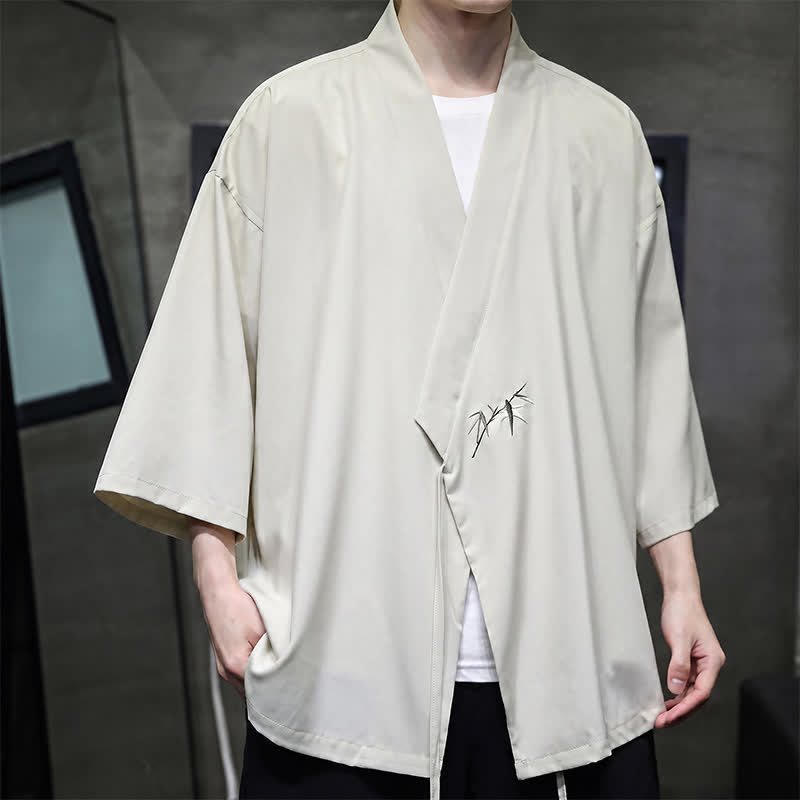 Nimara Ritual Summer Tang Style Minimalist Drawstring Bamboo Solid Three-Quarter Sleeve Men's Kimono