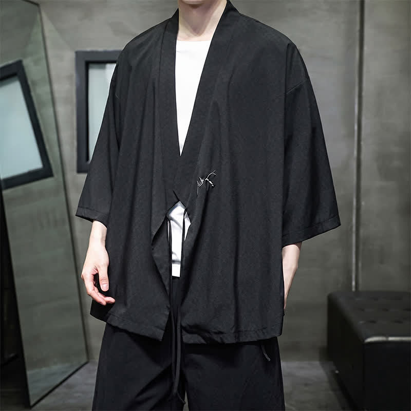 Nimara Ritual Summer Tang Style Minimalist Drawstring Bamboo Solid Three-Quarter Sleeve Men's Kimono