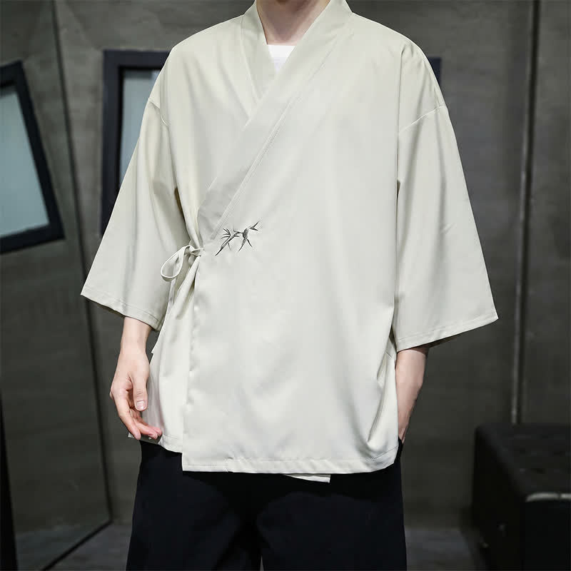 Nimara Ritual Summer Tang Style Minimalist Drawstring Bamboo Solid Three-Quarter Sleeve Men's Kimono