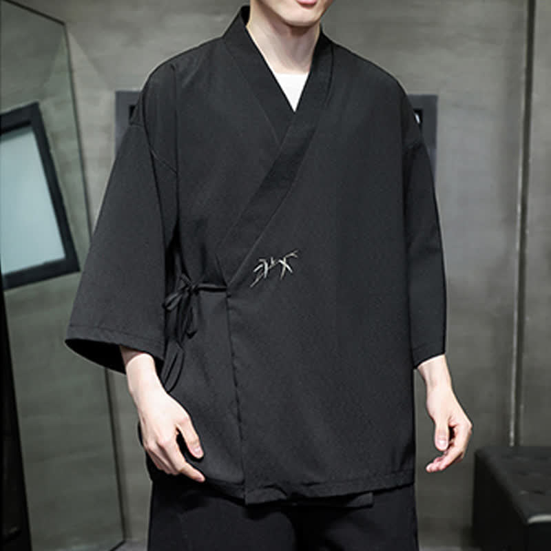Nimara Ritual Summer Tang Style Minimalist Drawstring Bamboo Solid Three-Quarter Sleeve Men's Kimono