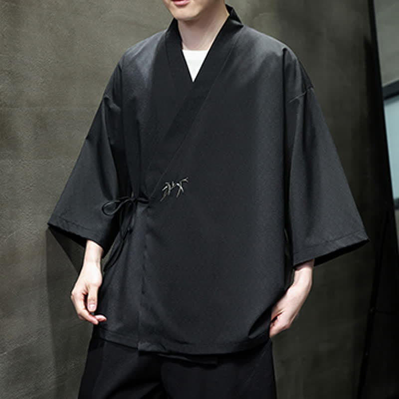 Nimara Ritual Summer Tang Style Minimalist Drawstring Bamboo Solid Three-Quarter Sleeve Men's Kimono