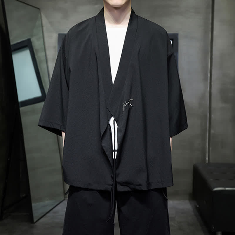 Nimara Ritual Summer Tang Style Minimalist Drawstring Bamboo Solid Three-Quarter Sleeve Men's Kimono