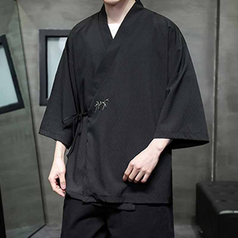 Nimara Ritual Summer Tang Style Minimalist Drawstring Bamboo Solid Three-Quarter Sleeve Men's Kimono