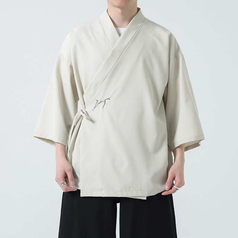 Nimara Ritual Summer Tang Style Minimalist Drawstring Bamboo Solid Three-Quarter Sleeve Men's Kimono
