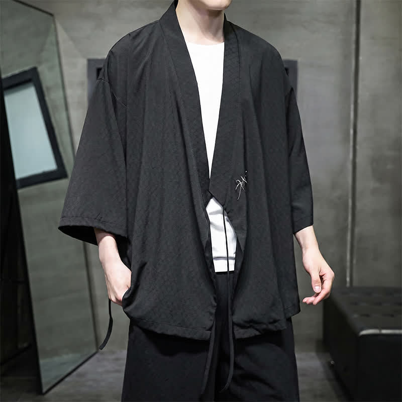 Nimara Ritual Summer Tang Style Minimalist Drawstring Bamboo Solid Three-Quarter Sleeve Men's Kimono