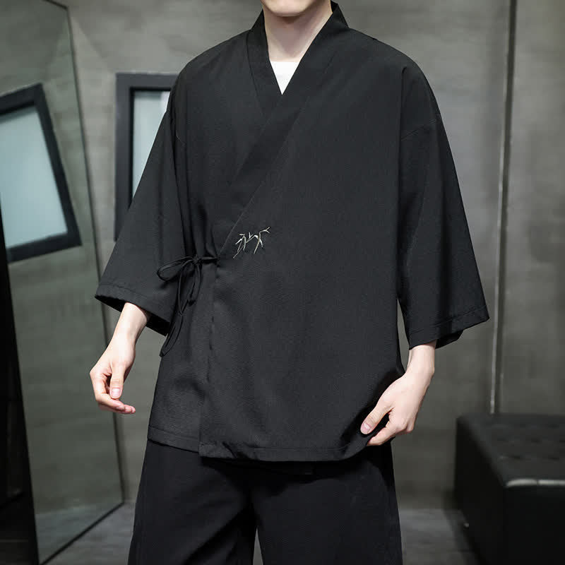 Nimara Ritual Summer Tang Style Minimalist Drawstring Bamboo Solid Three-Quarter Sleeve Men's Kimono
