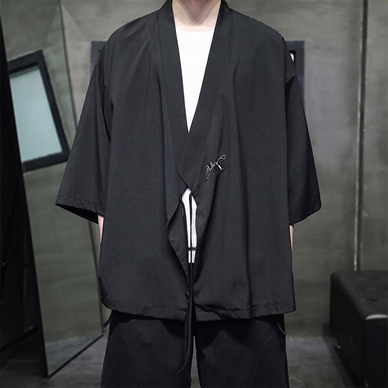 Nimara Ritual Summer Tang Style Minimalist Drawstring Bamboo Solid Three-Quarter Sleeve Men's Kimono