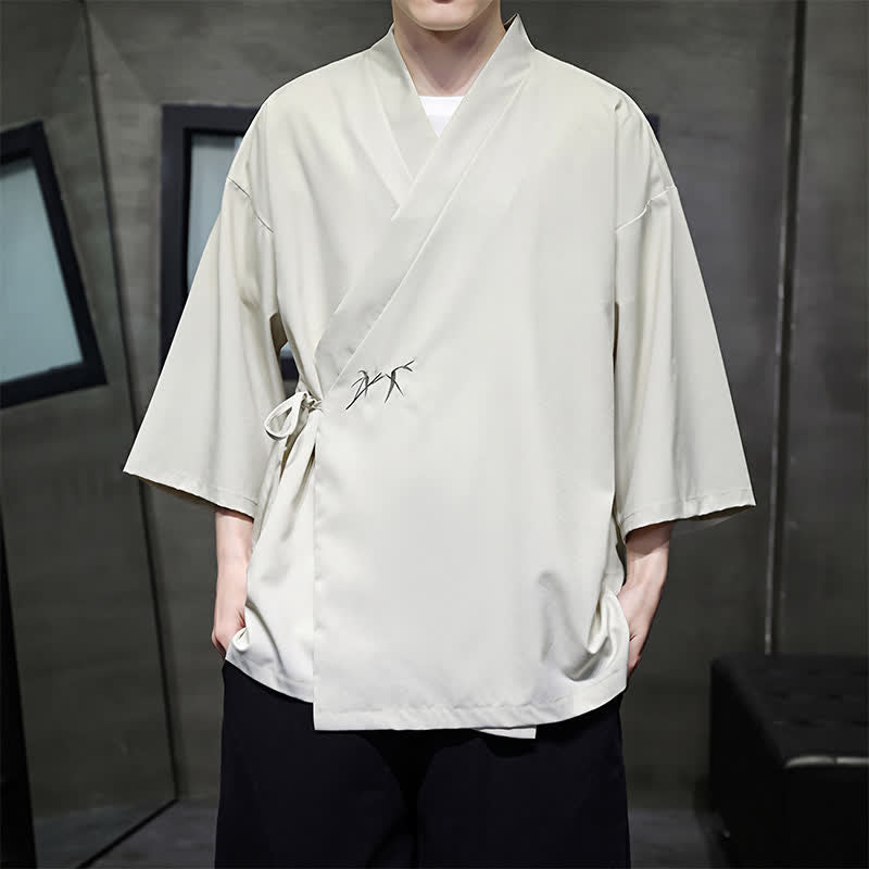 Nimara Ritual Summer Tang Style Minimalist Drawstring Bamboo Solid Three-Quarter Sleeve Men's Kimono