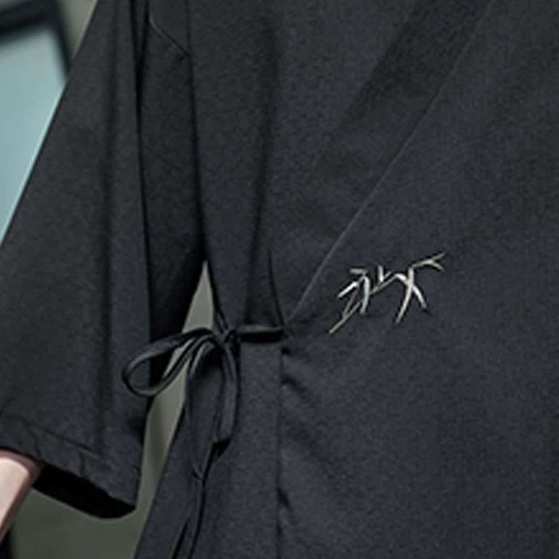 Nimara Ritual Summer Tang Style Minimalist Drawstring Bamboo Solid Three-Quarter Sleeve Men's Kimono