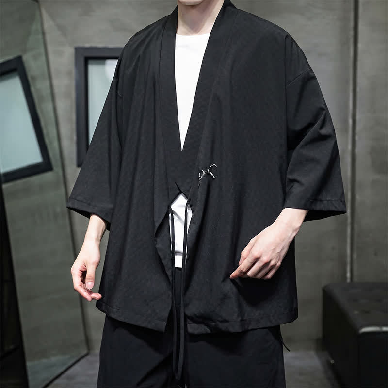 Nimara Ritual Summer Tang Style Minimalist Drawstring Bamboo Solid Three-Quarter Sleeve Men's Kimono