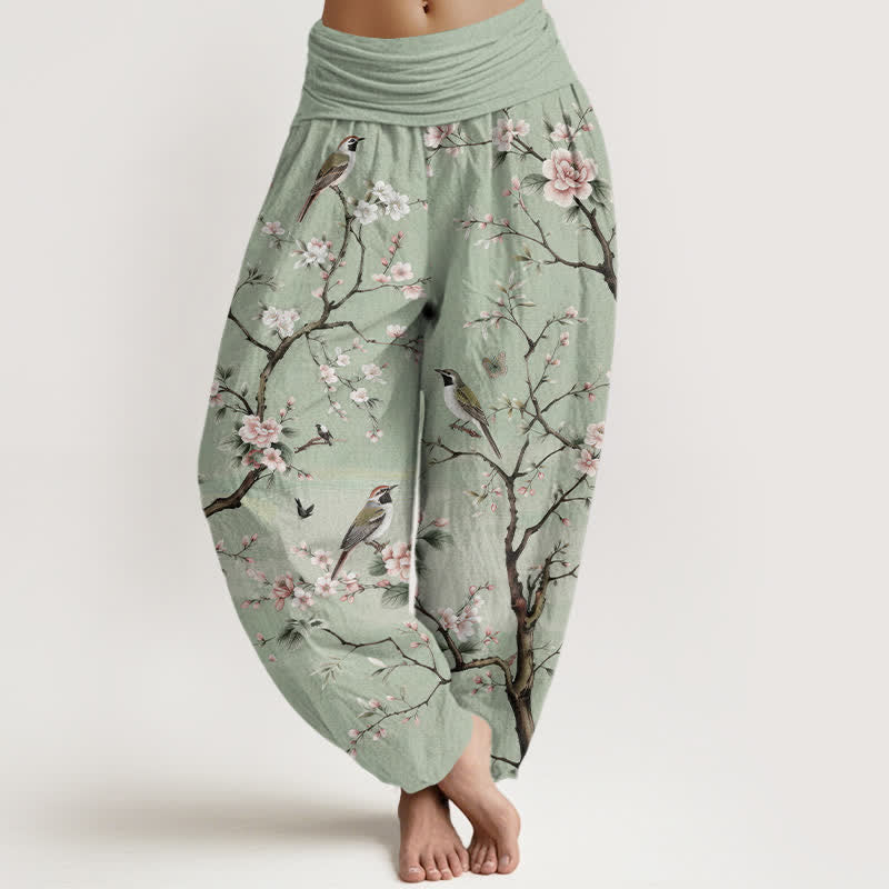 Nimara Ritual Cotton Cherry Blossoms Bird Pattern Women's Elastic Waist Harem Pants
