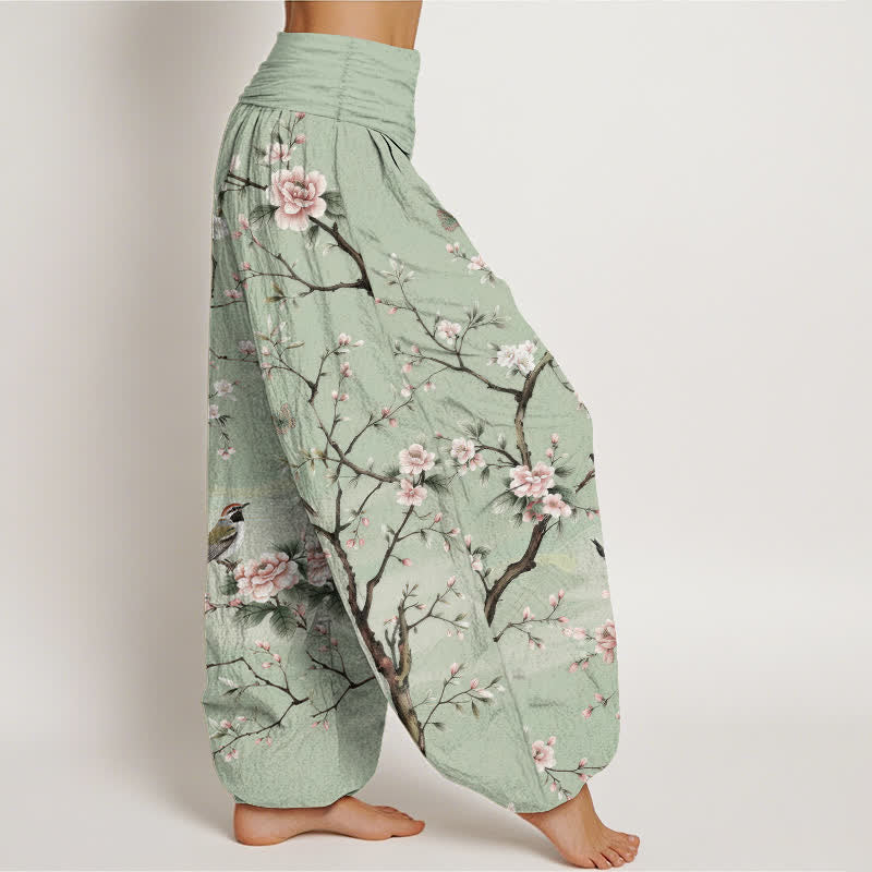 Nimara Ritual Cotton Cherry Blossoms Bird Pattern Women's Elastic Waist Harem Pants