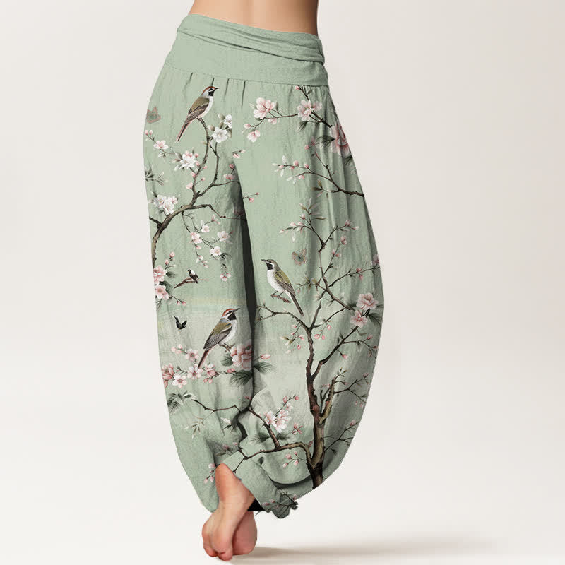 Nimara Ritual Cotton Cherry Blossoms Bird Pattern Women's Elastic Waist Harem Pants