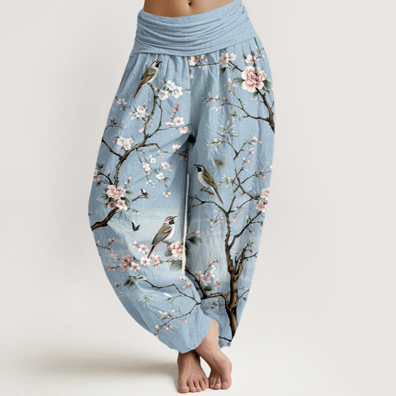 Nimara Ritual Cotton Cherry Blossoms Bird Pattern Women's Elastic Waist Harem Pants