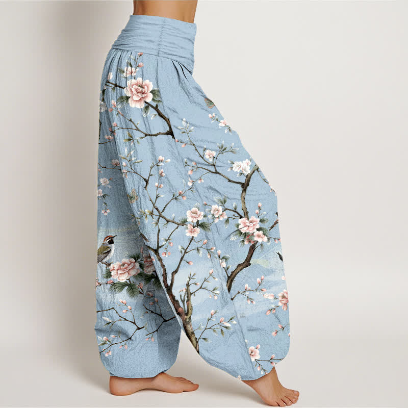 Nimara Ritual Cotton Cherry Blossoms Bird Pattern Women's Elastic Waist Harem Pants