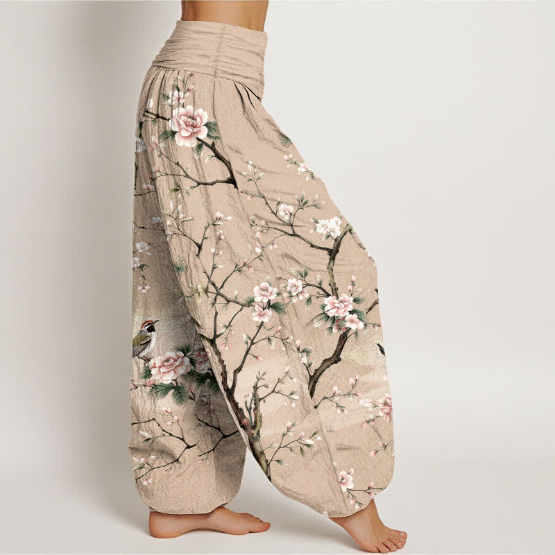 Nimara Ritual Cotton Cherry Blossoms Bird Pattern Women's Elastic Waist Harem Pants