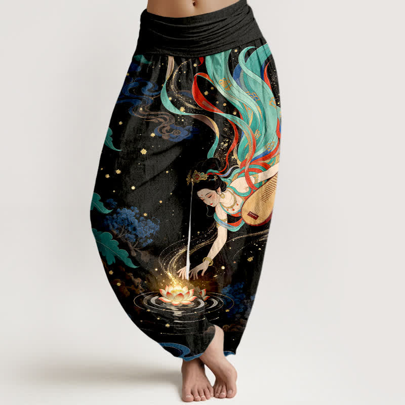 Nimara Ritual Cotton Celestial Musician Lotus Pattern Women's Elastic Waist Harem Pants