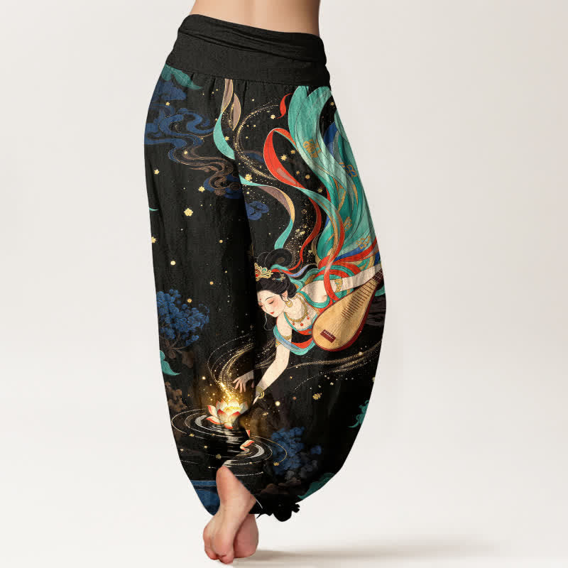 Nimara Ritual Cotton Celestial Musician Lotus Pattern Women's Elastic Waist Harem Pants