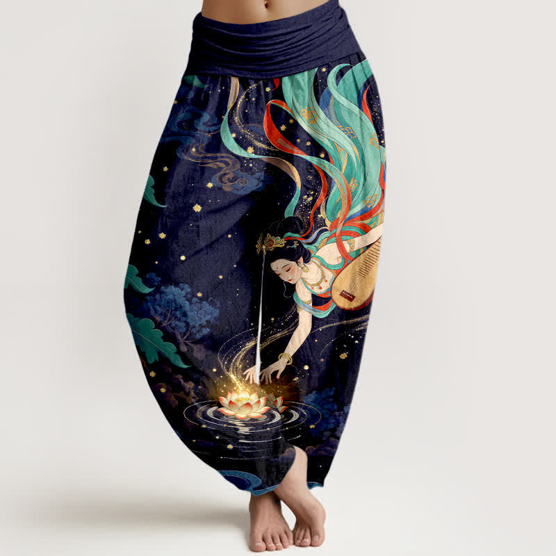 Nimara Ritual Cotton Celestial Musician Lotus Pattern Women's Elastic Waist Harem Pants