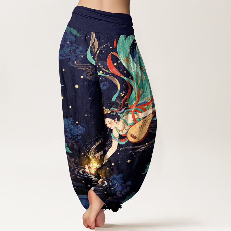 Nimara Ritual Cotton Celestial Musician Lotus Pattern Women's Elastic Waist Harem Pants