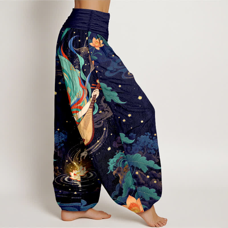 Nimara Ritual Cotton Celestial Musician Lotus Pattern Women's Elastic Waist Harem Pants