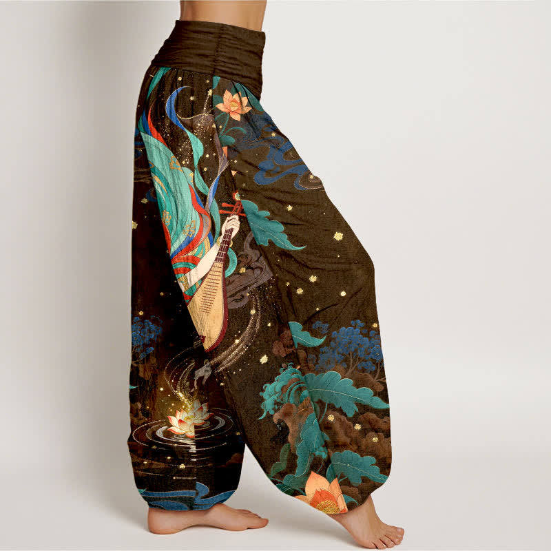 Nimara Ritual Cotton Celestial Musician Lotus Pattern Women's Elastic Waist Harem Pants