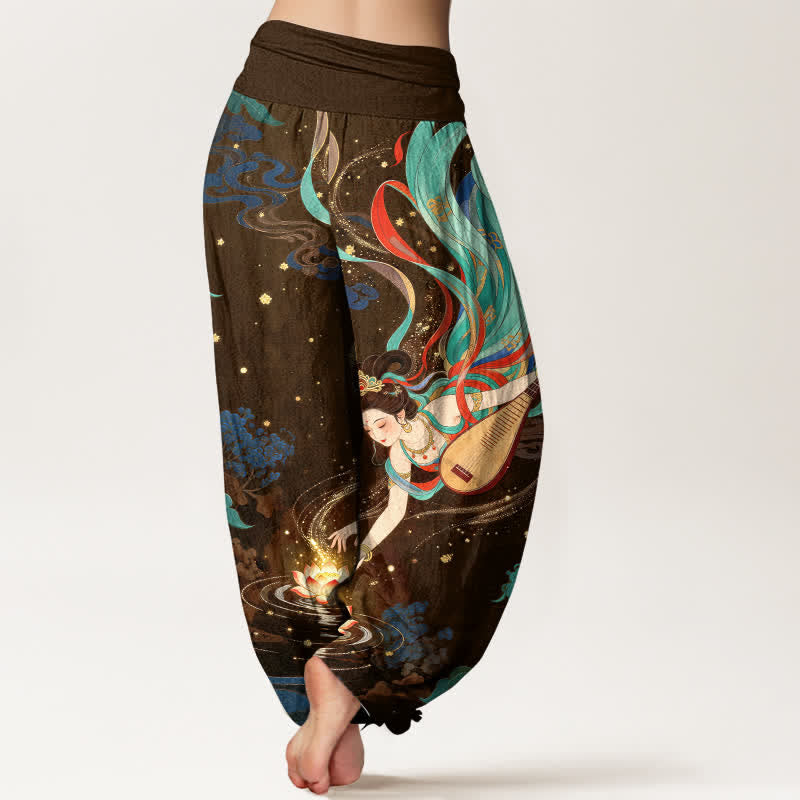 Nimara Ritual Cotton Celestial Musician Lotus Pattern Women's Elastic Waist Harem Pants