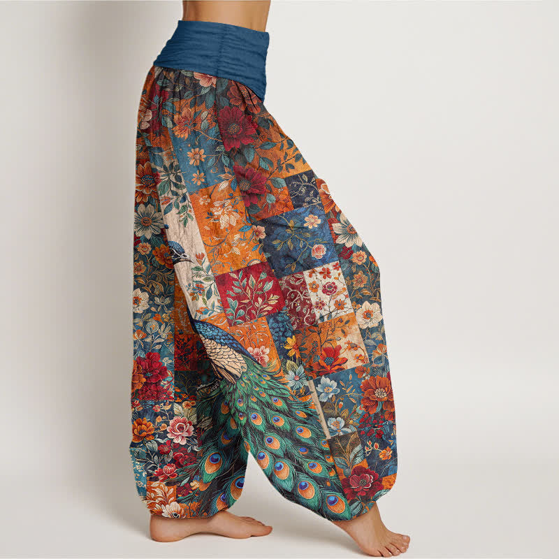 Nimara Ritual Cotton Peacock Floral Patchwork Pattern Women's Elastic Waist Harem Pants