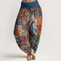 Nimara Ritual Cotton Peacock Floral Patchwork Pattern Women's Elastic Waist Harem Pants