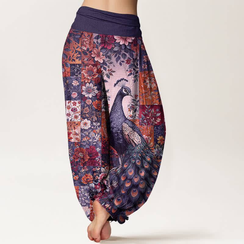 Nimara Ritual Cotton Peacock Floral Patchwork Pattern Women's Elastic Waist Harem Pants