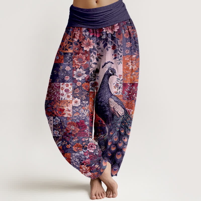 Nimara Ritual Cotton Peacock Floral Patchwork Pattern Women's Elastic Waist Harem Pants