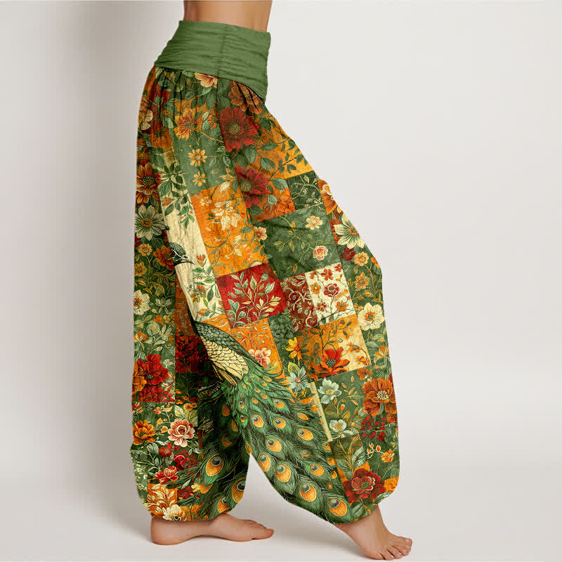 Nimara Ritual Cotton Peacock Floral Patchwork Pattern Women's Elastic Waist Harem Pants