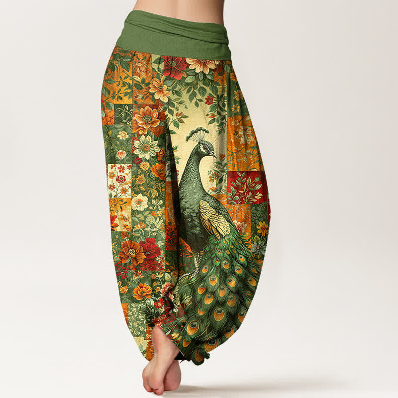 Nimara Ritual Cotton Peacock Floral Patchwork Pattern Women's Elastic Waist Harem Pants