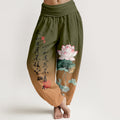 Nimara Ritual Cotton Lotus Calligraphy Pattern Women's Elastic Waist Harem Pants