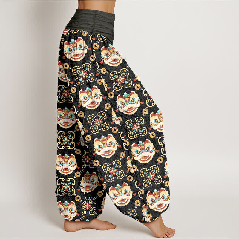 Nimara Ritual Cotton Tribal Lion Mask Pattern Women's Elastic Waist Harem Pants