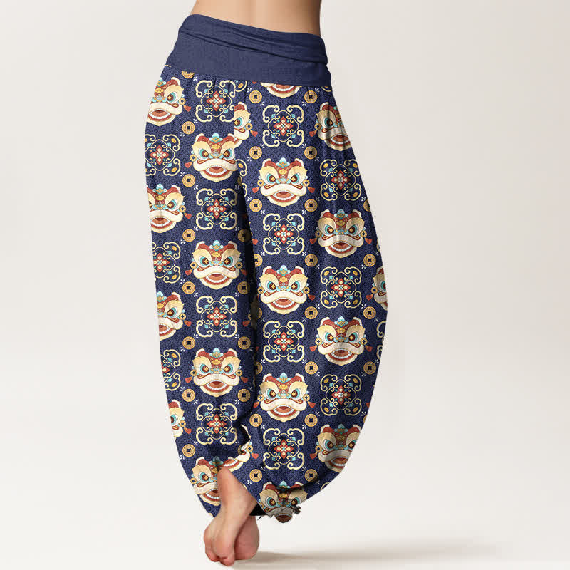 Nimara Ritual Cotton Tribal Lion Mask Pattern Women's Elastic Waist Harem Pants