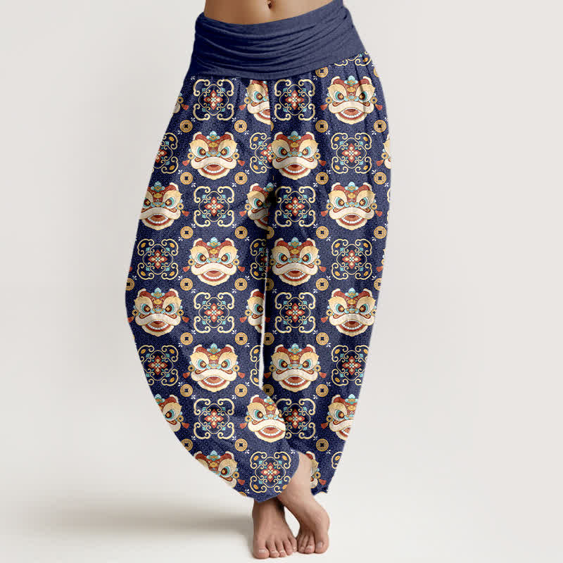 Nimara Ritual Cotton Tribal Lion Mask Pattern Women's Elastic Waist Harem Pants